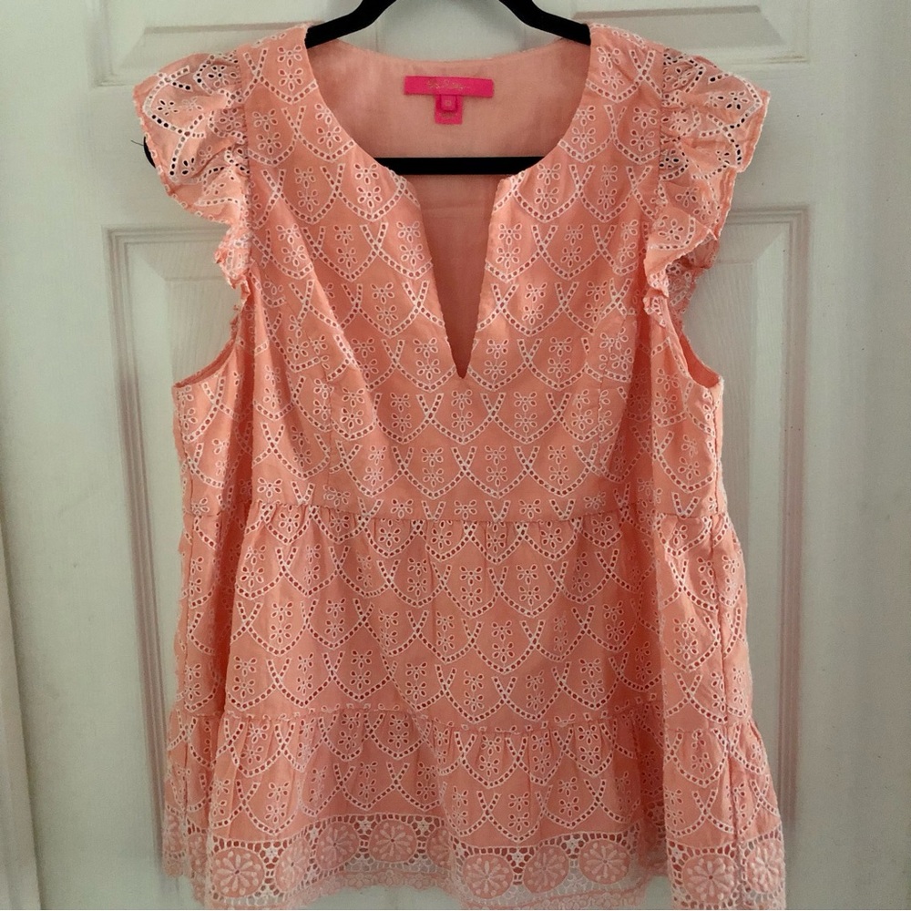 🌷Lilly Pulitzer Peach Eyelet Lace Women's Top size 12